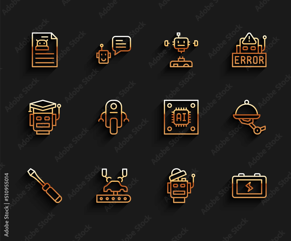 Set line Screwdriver, Robotic robot arm on factory, Technical specification, Battery, Waiter and Processor with microcircuits CPU icon. Vector Set line Screwdriver, Robotic robot arm on factory, Technical specification, Battery, Waiter and Processor with microcircuits CPU icon. Vector