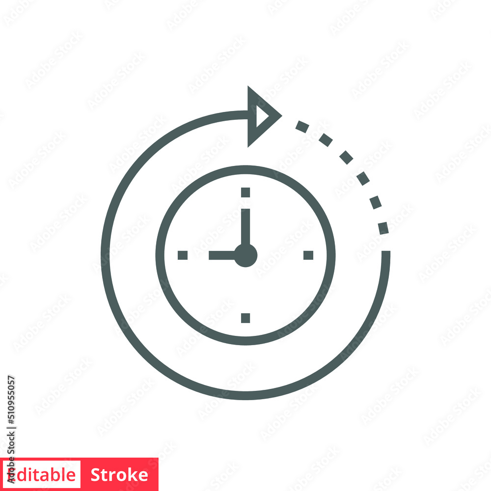 Passage of time icon vector. Simple outline style design. Round clock with arrow. Thin line illustration isolated on white background. Editable stroke EPS 10. Passage of time icon vector. Simple outline style design. Round clock with arrow. Thin line illustration isolated on white background. Editable stroke EPS 10.