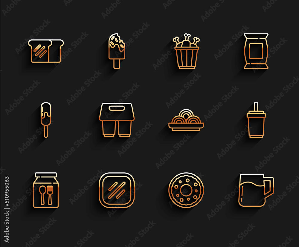 Set line Online ordering and delivery, Steak meat, Bread toast, Donut, Wooden beer mug, Coffee cup go, Paper glass with straw and Asian noodles bowl icon. Vector Set line Online ordering and delivery, Steak meat, Bread toast, Donut, Wooden beer mug, Coffee cup go, Paper glass with straw and Asian noodles bowl icon. Vector