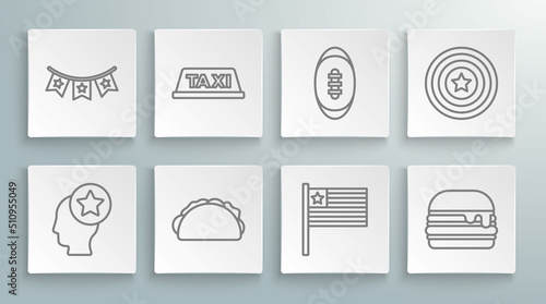 Set line USA Head, Taxi car roof, Taco with tortilla, American flag, Burger, Football ball, star shield and Carnival garland flags icon. Vector