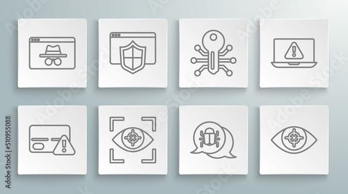 Set line Credit card, Browser with shield, Eye scan, System bug, Smart key, Laptop exclamation mark and incognito window icon. Vector