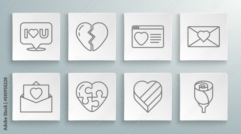 Set line Envelope with Valentine heart, Broken, Heart, Candy shaped box, Flower rose, Dating app online, and Speech bubble I love you icon. Vector
