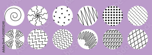 Trendy round with abstract black shapes inside set. Hand drawn modern doodle objects isolated on white background. Spots, waves, hearts, grid, spiral, drops, curves, lines. Vector illustration