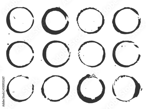 Grunge stain cup bottom ink black silhouette set. Trace water drink glass smudge muddy splash wine stain water juice paint liquid. Hand drawn wet print bottle mug circular shape logo sticker isolated