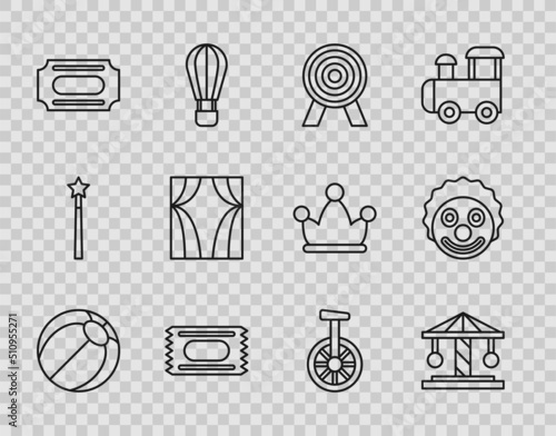 Set line Beach ball, Attraction carousel, Target, Circus ticket, curtain raises, Unicycle or one wheel bicycle and Clown head icon. Vector