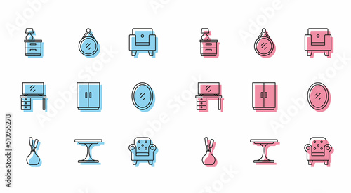 Set line Vase, Round table, Furniture nightstand with lamp, Armchair, Wardrobe, Mirror, TV and icon. Vector