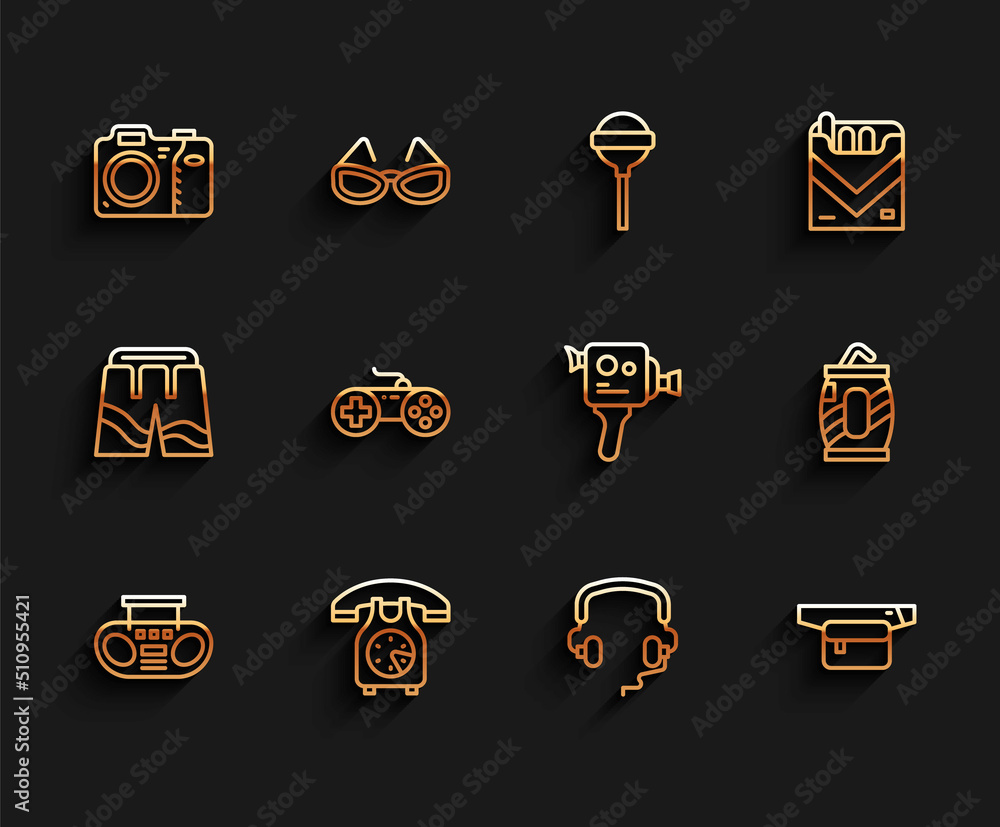 Set line Home stereo with two speakers, Telephone handset, Photo camera, Headphones, Waist bag of banana, Gamepad, Soda can straw and Retro cinema icon. Vector