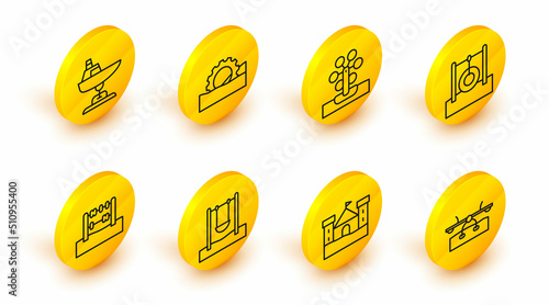 Set line Seesaw, Sand castle, Swing, Abacus, Car tire hanging on rope, Ferris wheel, and boat icon. Vector