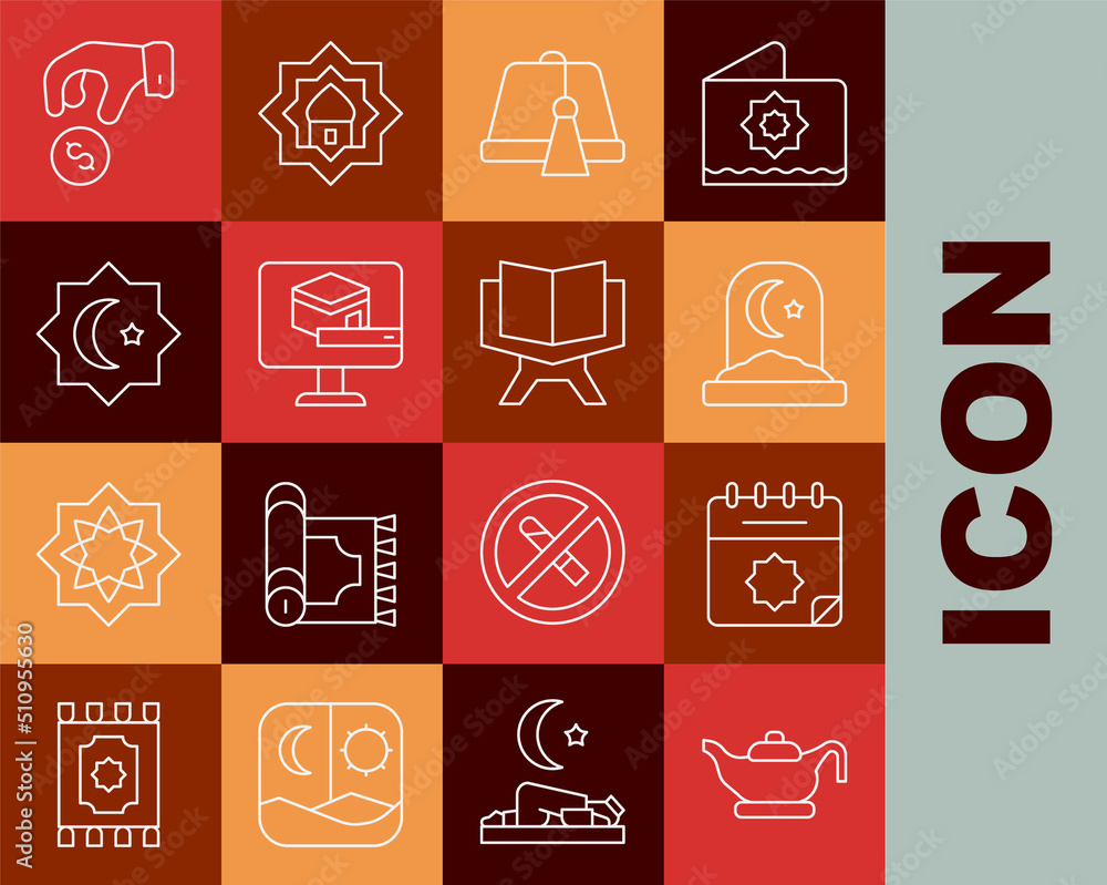Set line Oil lamp, Ramadan calendar, Muslim cemetery, Turkish hat, Kaaba mosque, Octagonal star, Donate or pay your zakat and Holy book of Koran icon. Vector Set line Oil lamp, Ramadan calendar, Muslim cemetery, Turkish hat, Kaaba mosque, Octagonal star, Donate or pay your zakat and Holy book of Koran icon. Vector