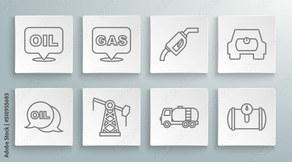 Set line Word oil, Location and gas station, Oil pump pump jack, Tanker truck, Gas tank for vehicle, Gasoline nozzle, and icon. Vector Set line Word oil, Location and gas station, Oil pump pump jack, Tanker truck, Gas tank for vehicle, Gasoline nozzle, and icon. Vector