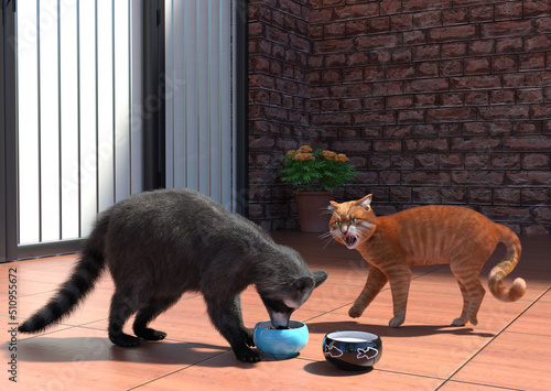 Photography Raccoon Stealing Cat Food