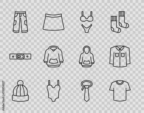 Set line Winter hat, T-shirt, Swimsuit, Pants, Hoodie, Tie and Shirt icon. Vector