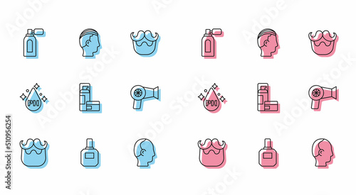 Set line Mustache and beard, Aftershave, with atomizer, Baldness, Shaving gel foam, Hair dryer, Oil for hair care treatment and Hairstyle icon. Vector