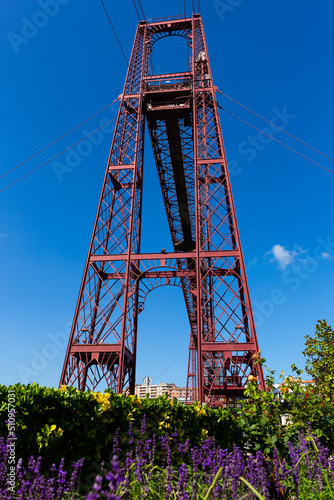 Metal construction of Vizcaya Bridge over Nervion river in Spanish city of Portugalete ..
