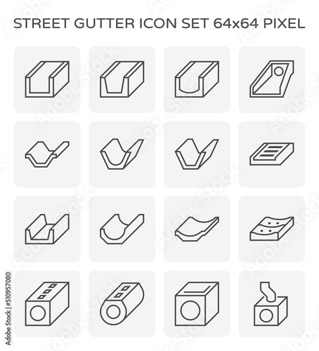 Street gutter and sewer drainage vector icon. Include grate cover, precast concrete of pipe, trench, ditch, channel, manhole for install to access cleaning, drain storm water from road city. 646x4 px.