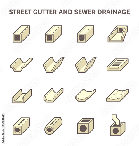 Street gutter and sewer drainage vector icon. Include grate cover, precast concrete of pipe, trench, ditch, channel, manhole for install to access cleaning, drain water from road city, irrigation.
