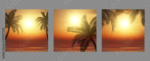 Tropical beach sunset vector illustration. Silhouette of palm trees against a sunset ocean