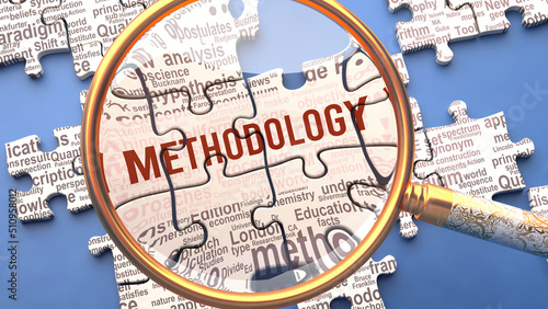 Methodology as a complex and multipart topic under close inspection. Complexity shown as matching puzzle pieces defining dozens of vital ideas and concepts about Methodology,3d illustration photo