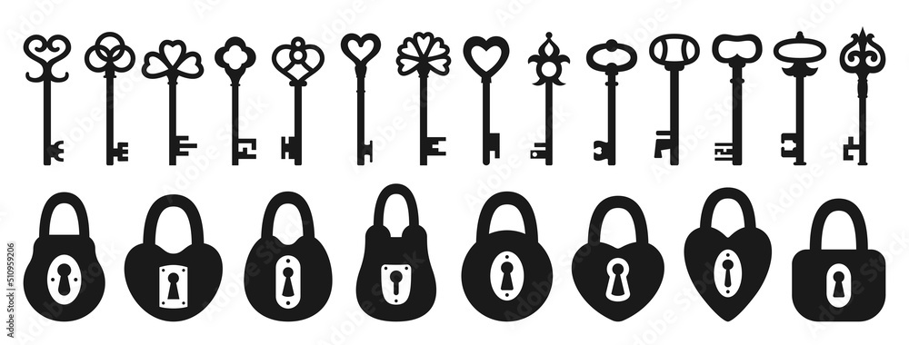 Lock and Key silhouette icon set. Old padlock for safety and security protection vintage design element. Private access symbol keys and locks for logo, game, web or app ui sign locking privacy Lock and Key silhouette icon set. Old padlock for safety and security protection vintage design element. Private access symbol keys and locks for logo, game, web or app ui sign locking privacy