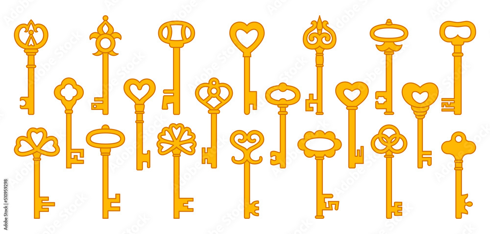 Key golden cartoon sign set. Old keys for safety, security protection vintage, antique doodle design element. Retro and modern private access symbol for logo, game web or app locking encryption Key golden cartoon sign set. Old keys for safety, security protection vintage, antique doodle design element. Retro and modern private access symbol for logo, game web or app locking encryption