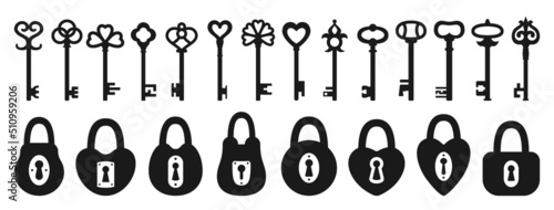 Lock and Key silhouette icon set. Old padlock for safety and security protection vintage design element. Private access symbol keys and locks for logo  game  web or app ui sign locking privacy