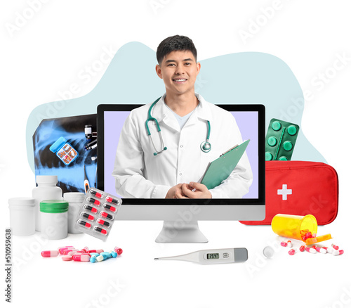 Young Asian doctor on scree...
