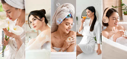 Collage with beautiful young women taking bath