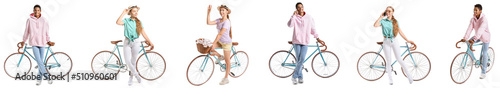 Set of people with bicycles...