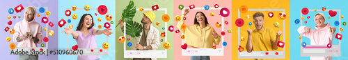 Group of happy young bloggers on color background photo