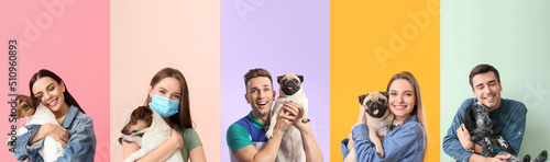 Set of people with cute dogs on colorful background. Friendship Day