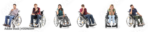 Set of sad people in wheelchair isolated on white
