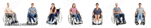 Set of happy people in wheelchair isolated on white