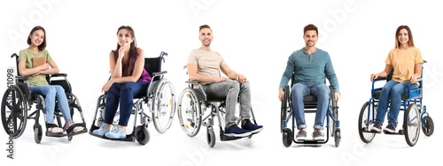 Set of optimistic people in wheelchair isolated on white photo
