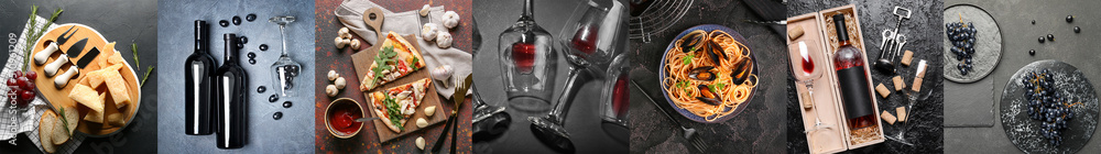 Set of expensive red wine with grapes and tasty food on dark background, top view Set of expensive red wine with grapes and tasty food on dark background, top view