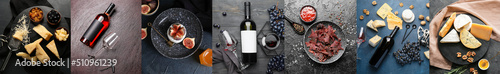 Set of expensive red wine with grapes, corkscrew and tasty food on dark background, top view
