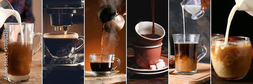 Collage with different hot coffee photo