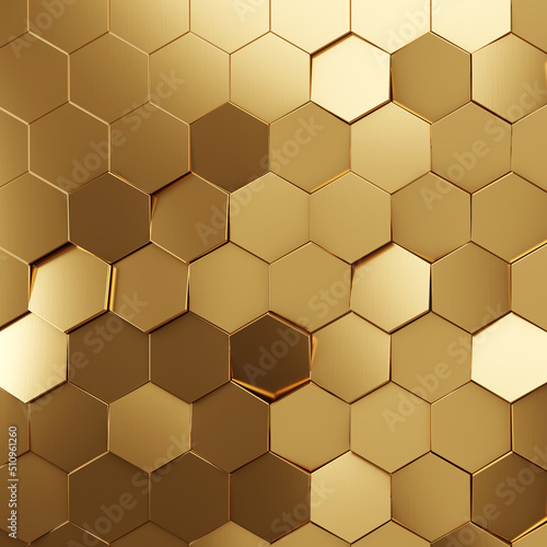 Fototapeta Naklejka Na Ścianę i Meble -  Futuristic gold hexagonal texture background. 3d rendering