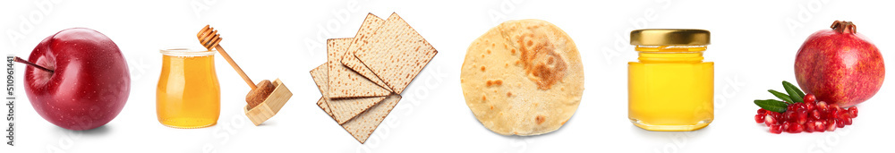 Set of apples, honey, flatbread matza and pomegranate on white background Set of apples, honey, flatbread matza and pomegranate on white background