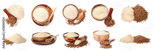Set of buckwheat flour on white background photo