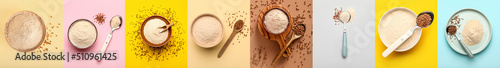 Set of buckwheat flour on colorful background, top view