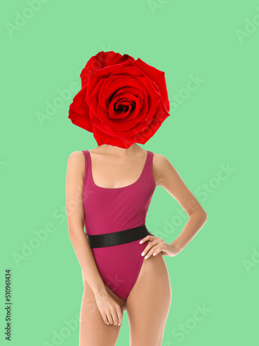 Woman with red rose flower ...