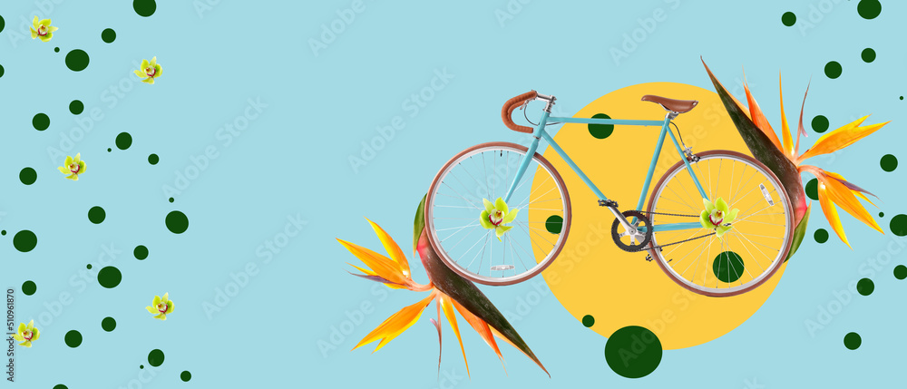 Collage with bicycle and tropical flowers on light blue background