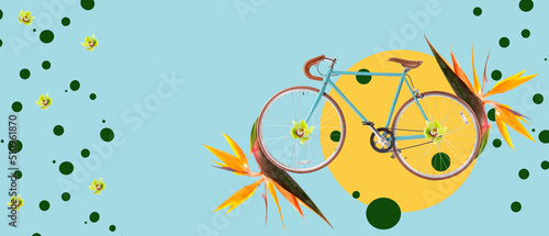 Collage with bicycle and tropical flowers on light blue background