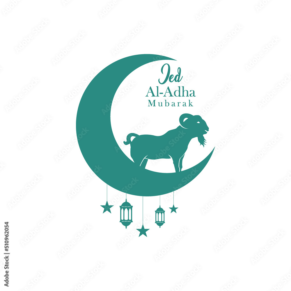 Islamic festival of sacrifice. Ied Al Adha Mubarak banner design with sheep and crescent moon in white background Islamic festival of sacrifice. Ied Al Adha Mubarak banner design with sheep and crescent moon in white background