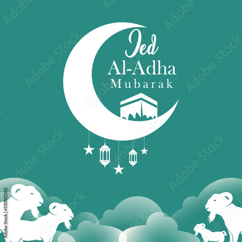 Islamic festival of sacrifice. Ied Al Adha Mubarak banner design with sheep and crescent moon in Blue background