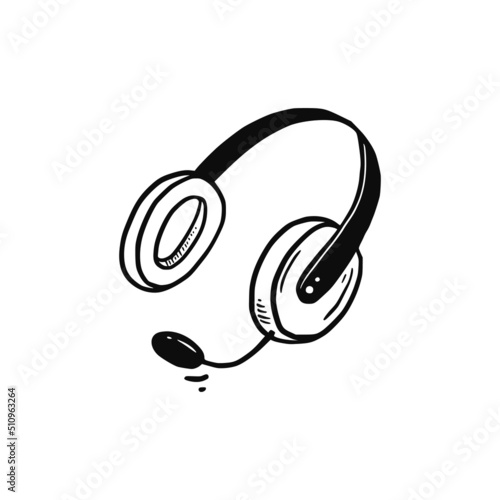 Headphone doodle hand drawn sketch element. Headphone with microphone. Vector illustration isolated.