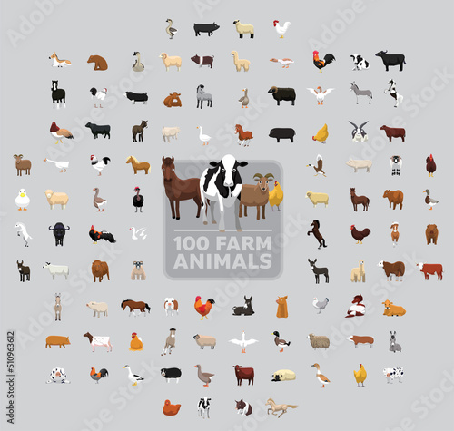 One Hundred Farm Animals Cartoon Vector Illustration Set