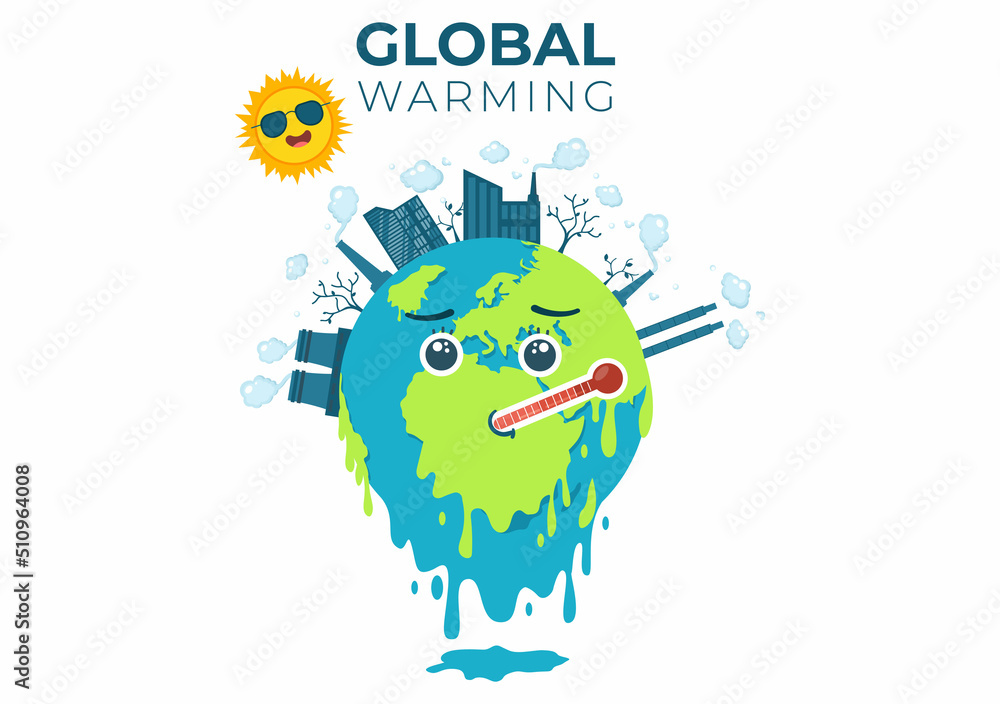 Obraz premium Global Warming Cartoon Style Illustration with Planet Earth in a Melting or Burning State and Image Sun to Prevent Damage to Nature and Climate Change