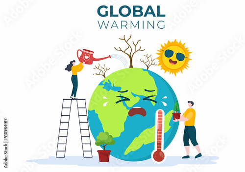 Global Warming Cartoon Style Illustration with Planet Earth in a Melting or Burning State and Image Sun to Prevent Damage to Nature and Climate Change
