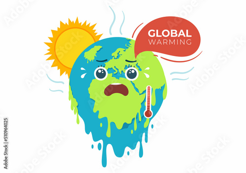 Global Warming Cartoon Style Illustration with Planet Earth in a Melting or Burning State and Image Sun to Prevent Damage to Nature and Climate Change